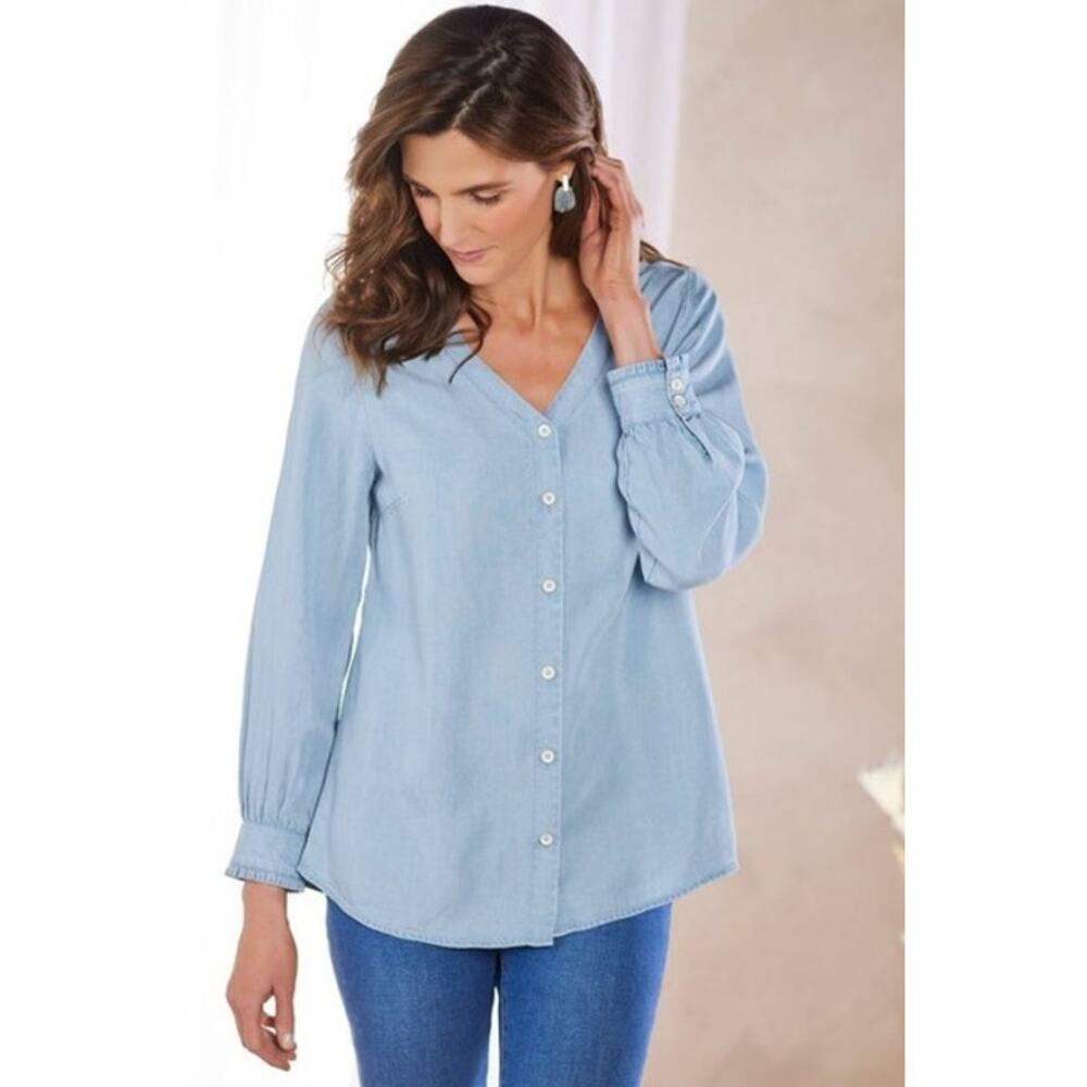 Soft Surroundings Anza Tencel Shirt Sunswept Light Wash Women's XS NWT